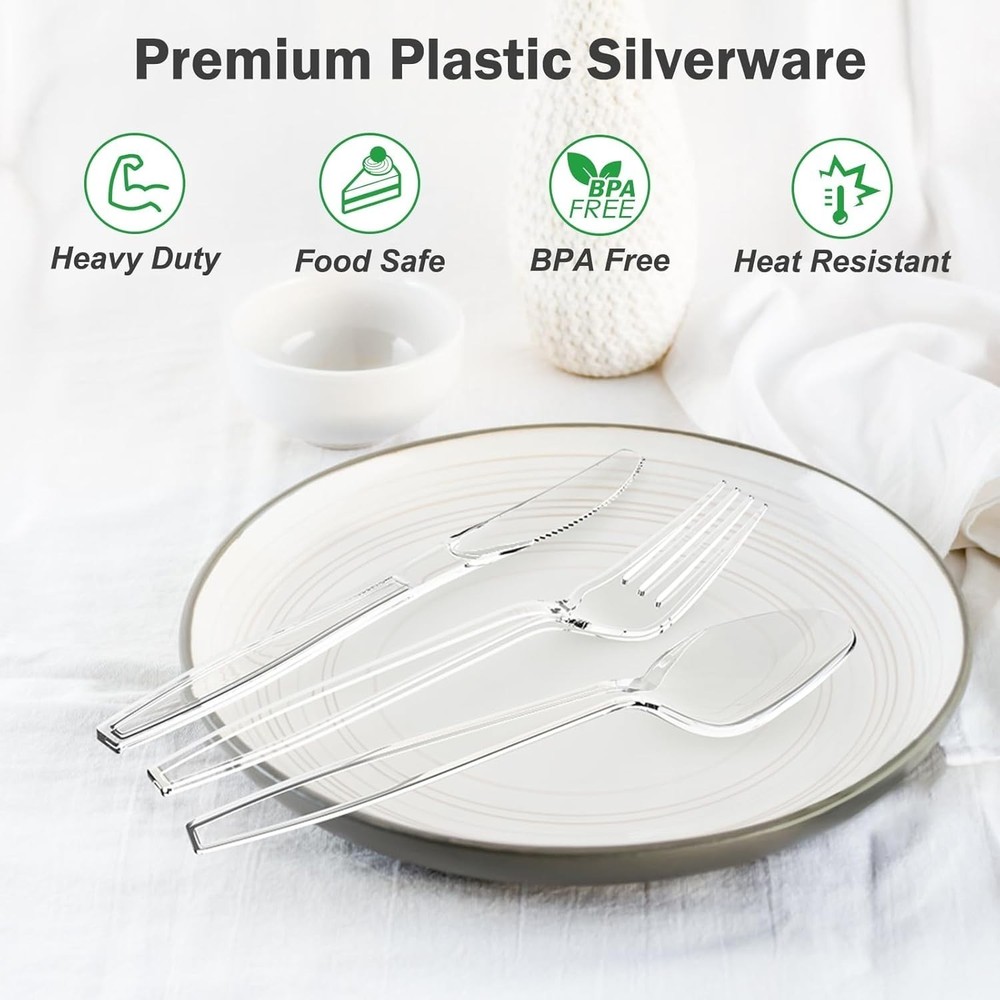 300 Count Extra Heavy Duty Clear Plastic Silverware 100 Forks 100 Spoons