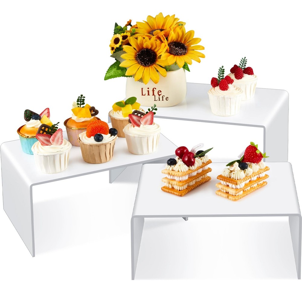 3 Pcs Extra Large 12, 11, 10.25 Inch White Acrylic Display Risers Rectangular...