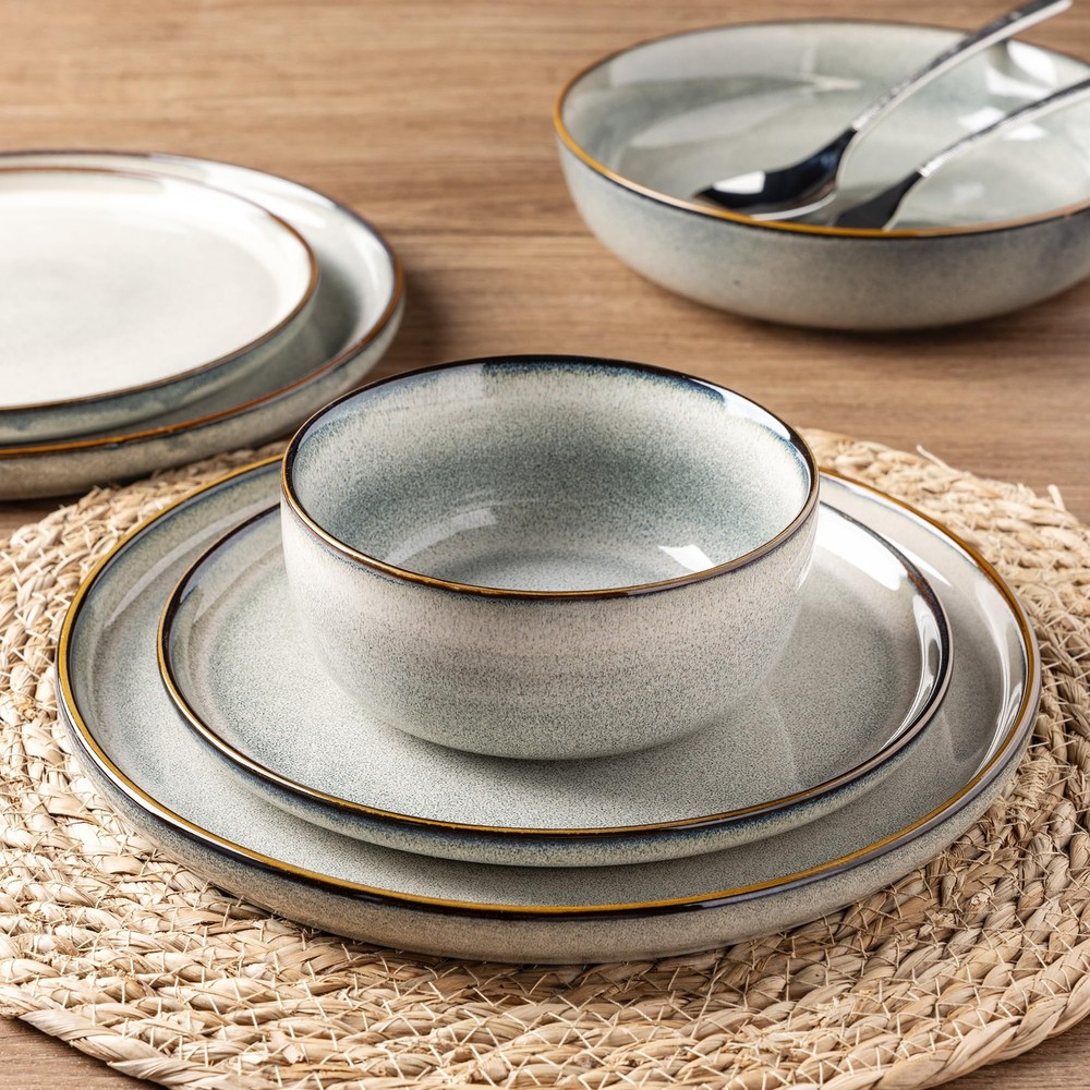 Ceramic Dinnerware Sets for 4, 12 Pieces Stoneware Plates and Bowls Sets, Rea...