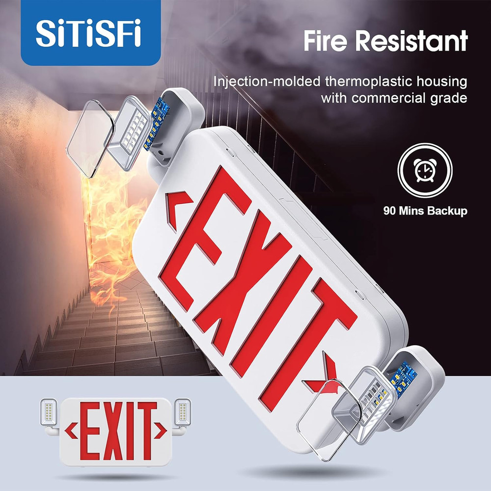 Led Combo Emergency Exit Sign Light with Two Adjustable Head Lights and Backup B