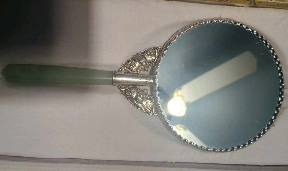 Vintage Hand Held Oriental Silver Plate /Jade Handle Mirror With Original Box