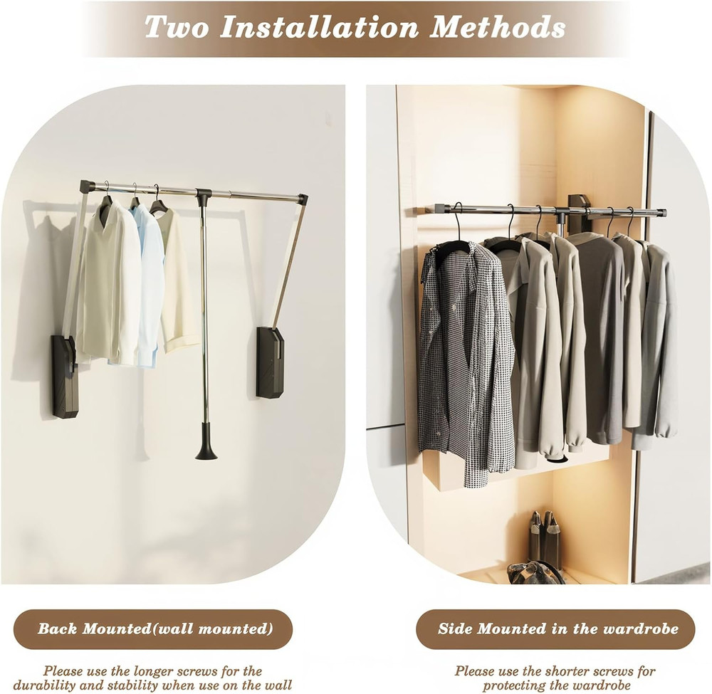 Adjustable Stainless Steel Pull Down Closet Rod, 60 Lbs Capacity, 35"-48