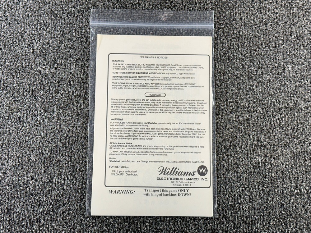 Williams Whirlwind Pinball Machine Game Manual Operators Handbook ORIGINAL