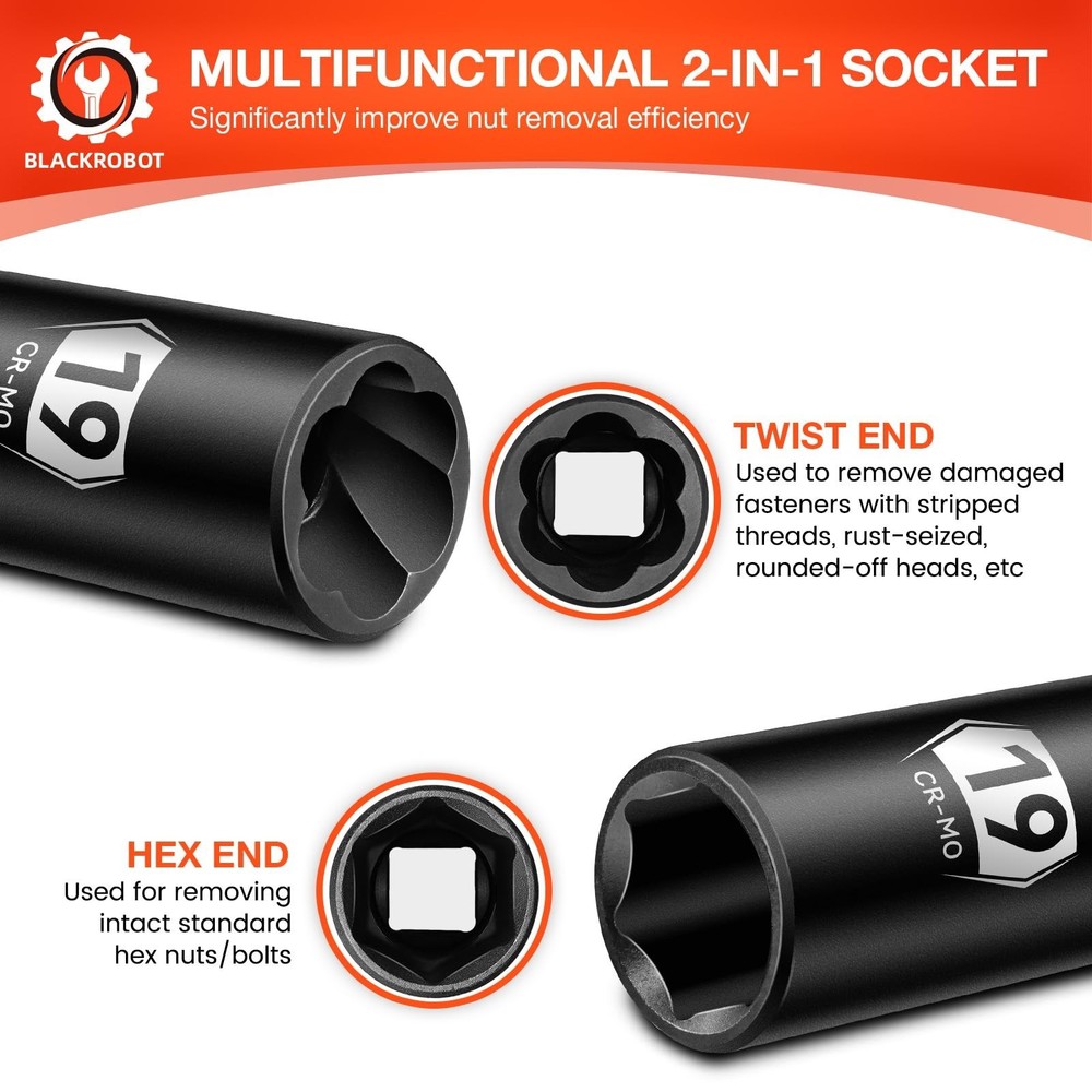BLACKROBOT 5-Piece 1/2" Drive Lug Nut Removal Tool, 6 Point & Twist Lug Nut E...