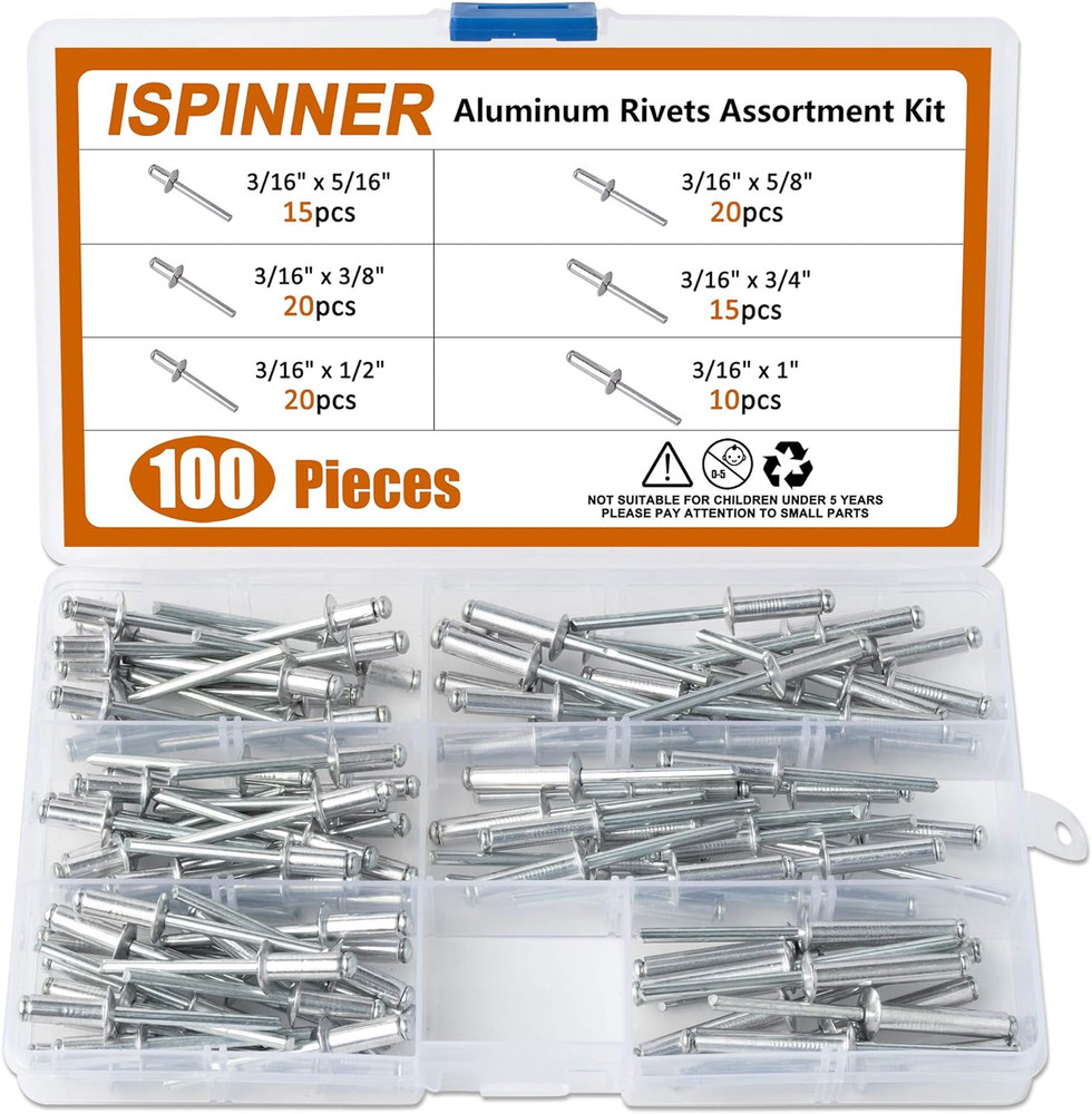 ISPINNER 100Pcs 6 Sizes Aluminum Blind Rivets, Pop Rivets Assortment Kit 3/16" X