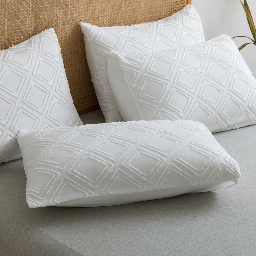 2 Pack White Pillowcases Standard Size Soft Microfiber Geometric Tufted Pillo...