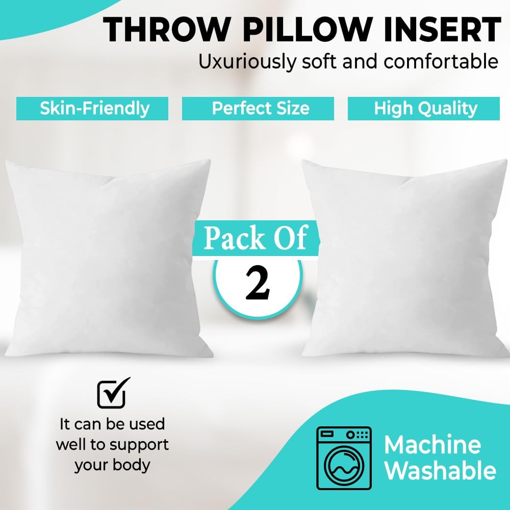 18 x 18 Throw Pillow Insert - Pack of 2 White, Down Alternative Pillow Insert...