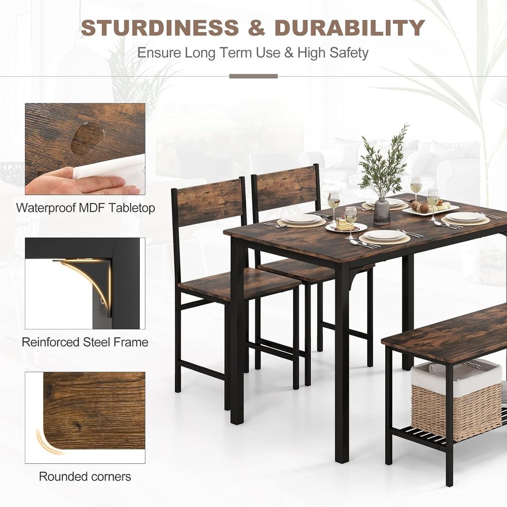 Dining Table Set 4 Kitchen Table W/ Bench & Chairs Industrial Gathering Bench