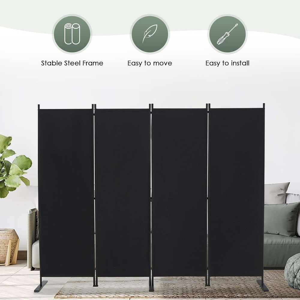 Room Divider Screen 4 Panel Portable Privacy Screen 6 FT Black Folding Partition