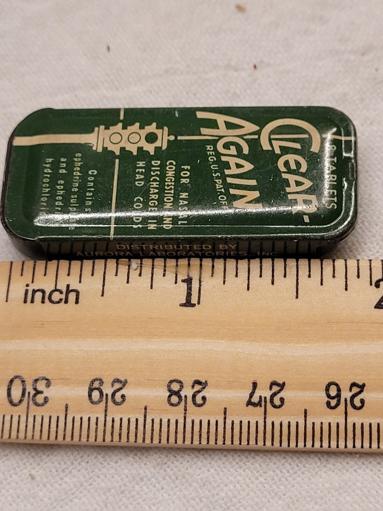 CLEAR AGAIN TIN w STOP LIGHT GRAPHICS AURORA LABORATORIES CHICAGO ILLINOIS