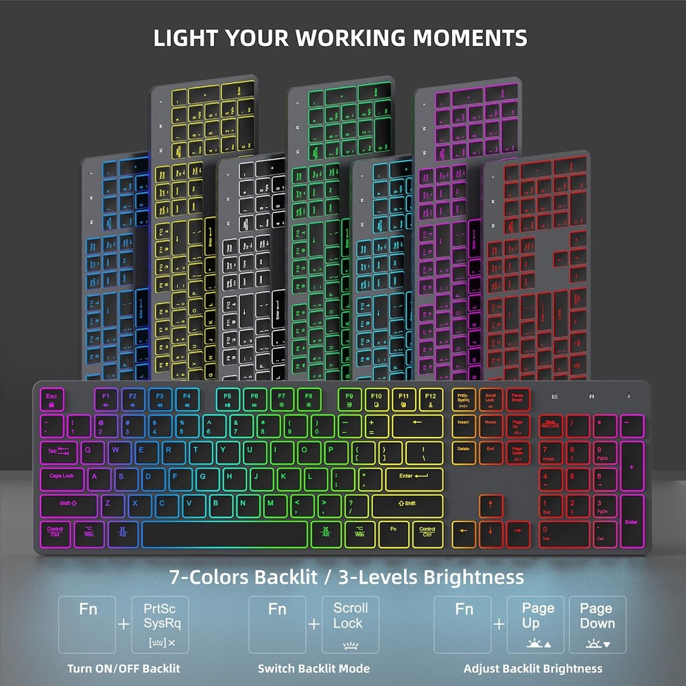 Quiet Wireless Keyboard and Mouse Backlit, Rechargeable Silent Flat Keyboard ...
