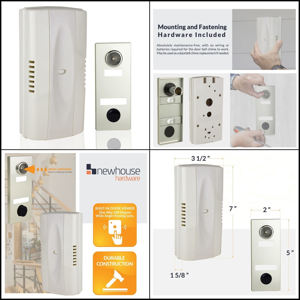2-Note Mechanical Door Bell Chime with Button and Viewer, Silver