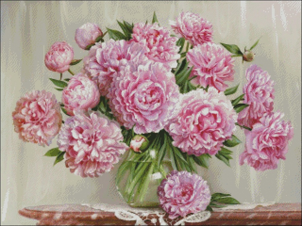 Peonies on a Marble Table - DIY Chart Counted Cross Stitch Patterns Needlework