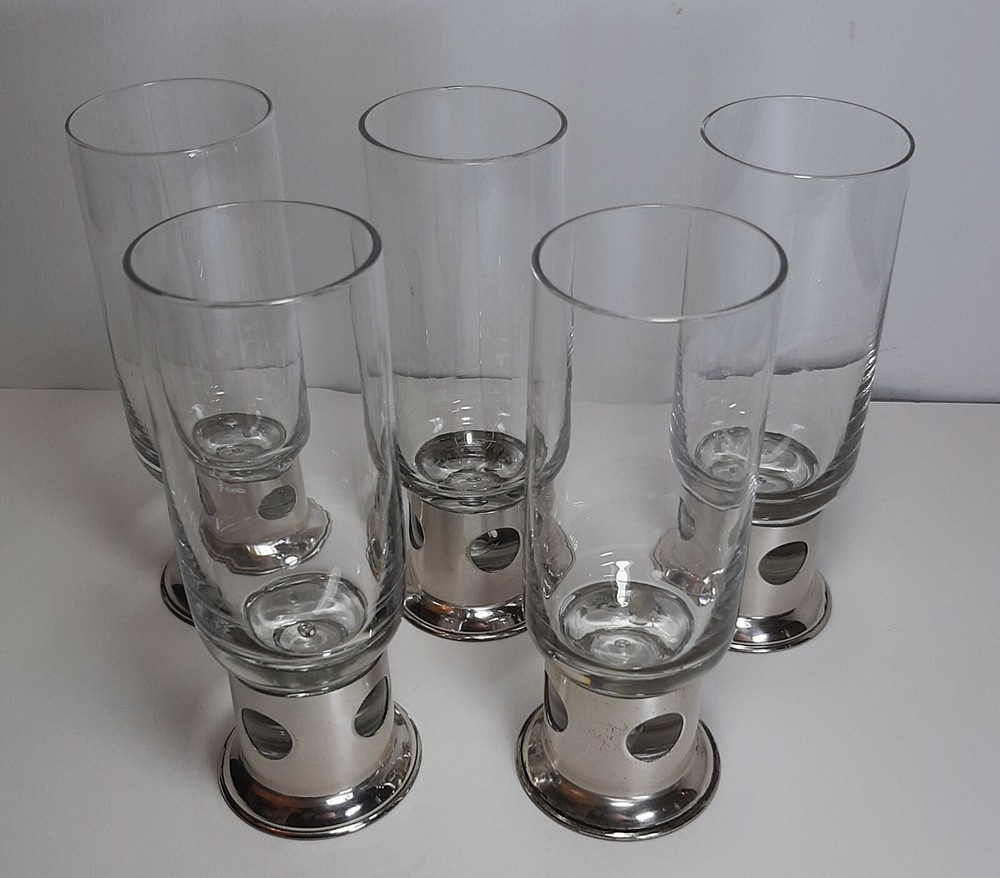 5 Bicchieri con Supporto Argento 800 Design Modernariato Italiano