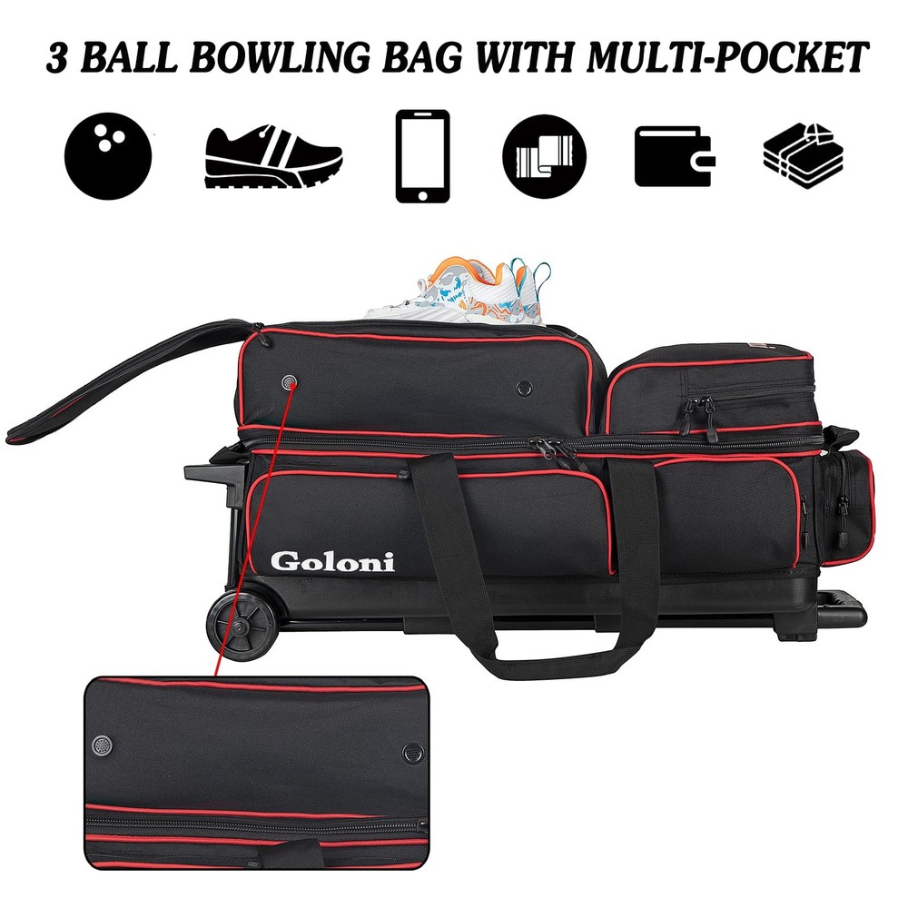 Rolling Bowling Bag for 3 Balls & Accessories with Retractable Handle
