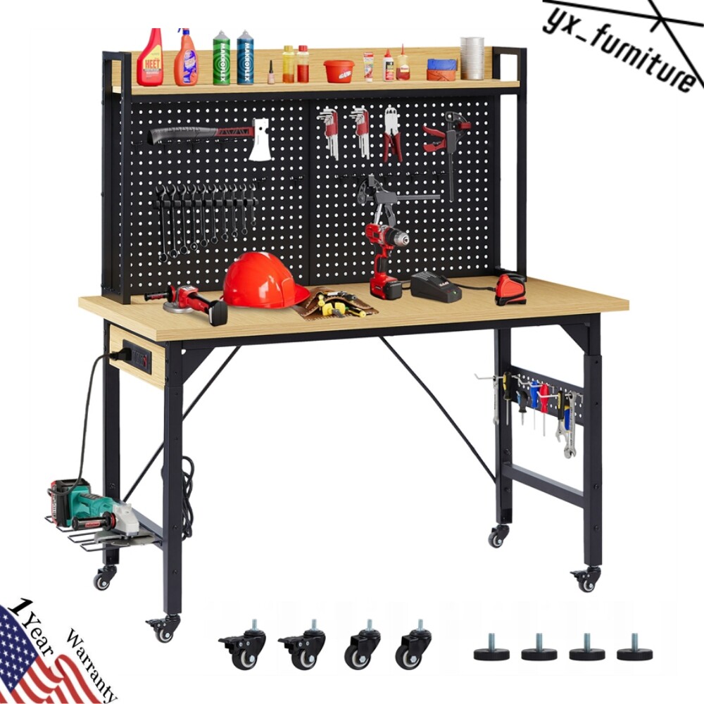 48'' Adjustable Workbench with pegboard Wooden Desktop Workbench 1600 lbs