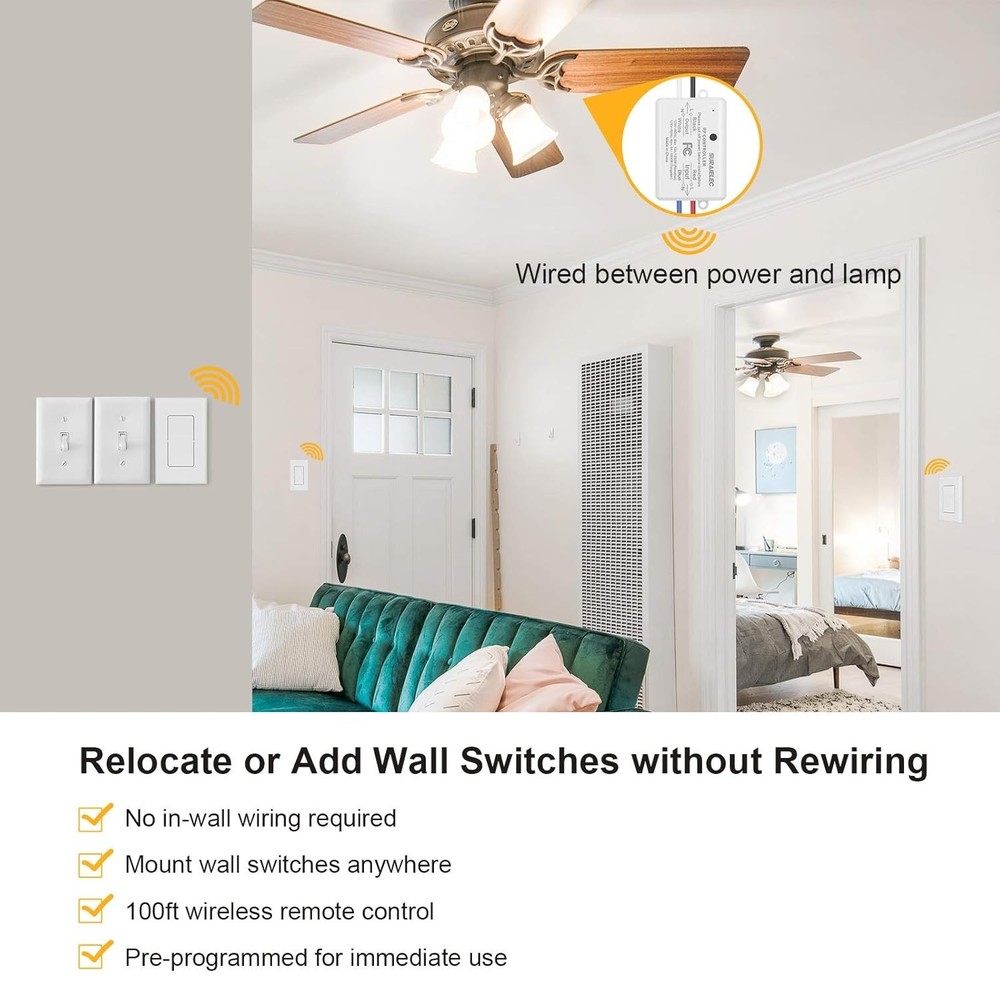 Wireless Remote Light Switch, No Wiring, No WiFi, 100ft RF Range, Pre-Program...