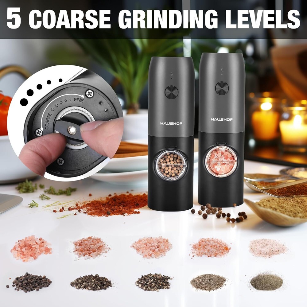 2PC Electric Salt Pepper Grinder Mill Set Automatic Adjustable Coarseness w/Case