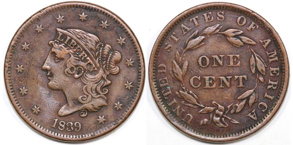 1839 1c Booby Head Coronet or Matron Head Large Cent