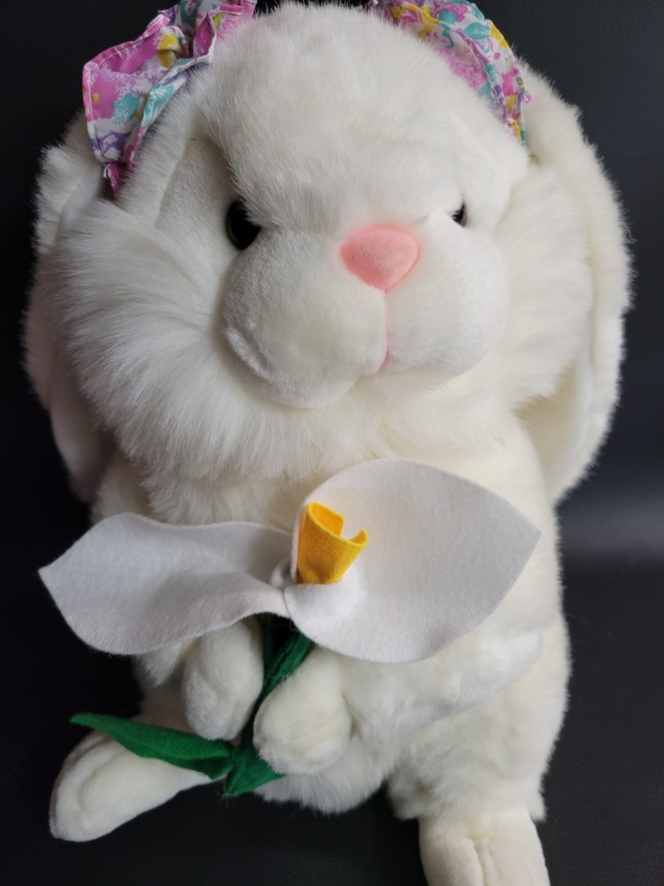 Large 18" Plush White Lop Eared Easter Bunny Rabbit Holding Spring Flower