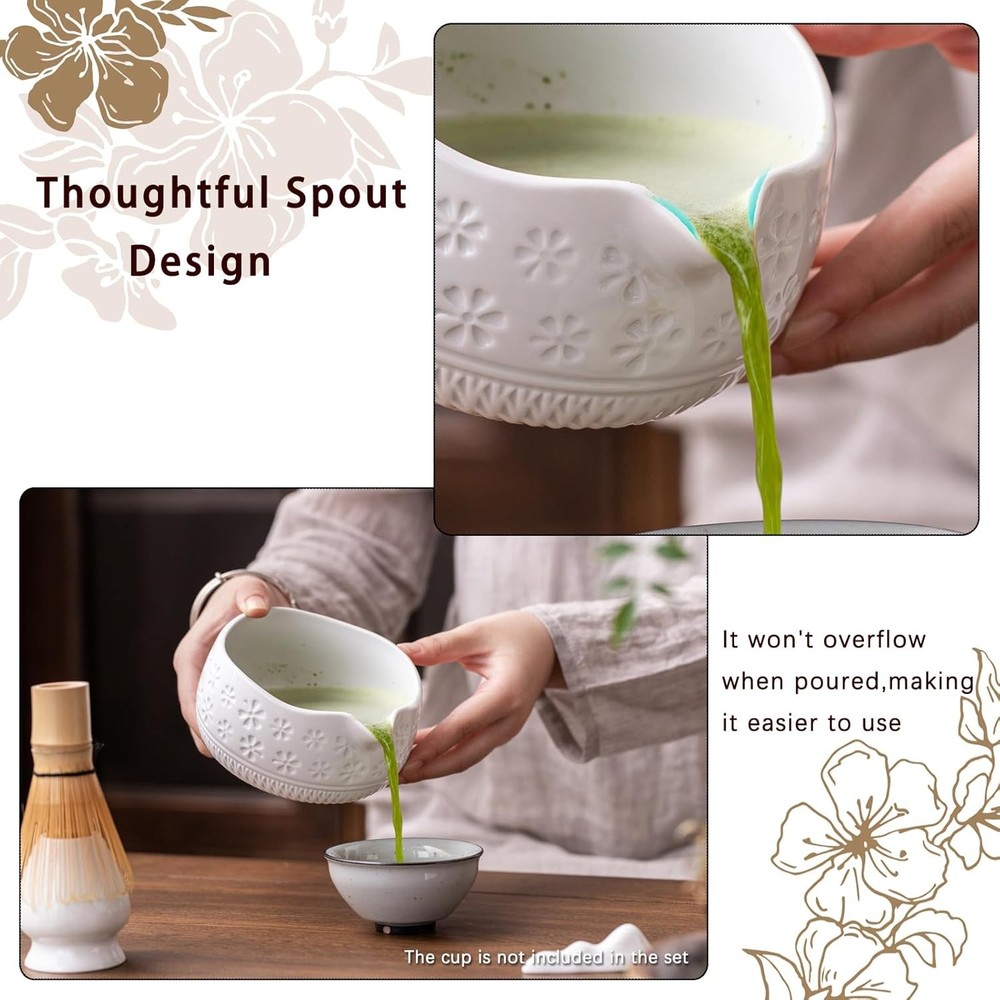 Matcha tea whisk set, ceramic and bamboo, 7 pieces, white