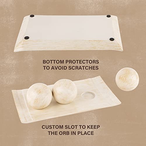Rustic Luxe Decorative Tray and Orb Set - Centerpiece Table Distressed White