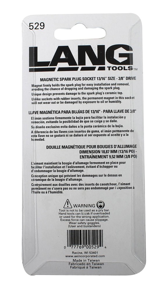 Lang Tools 529 3/8" Drive Magnetic Spark Plug Socket, 13/16" Diameter