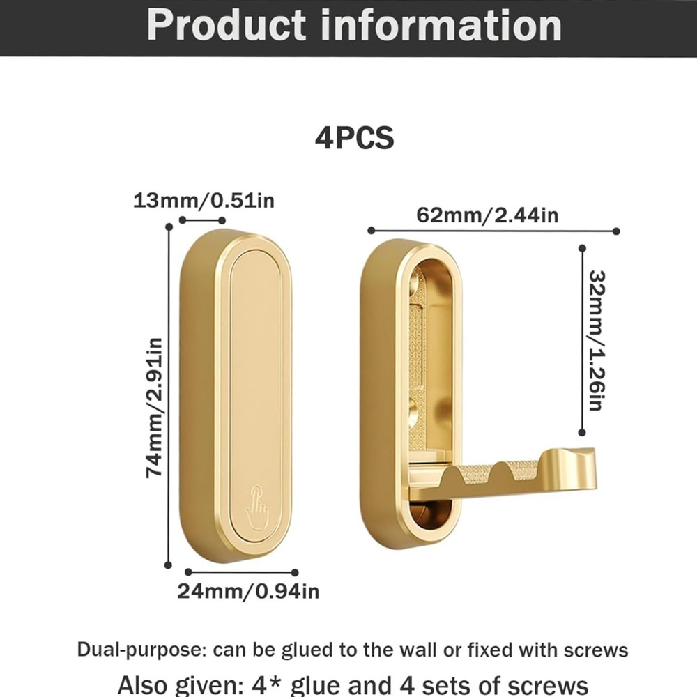 4PCS Gold Foldable Wall Hooks, Metal Folding Hooks Wall Mount, Easy Installat...