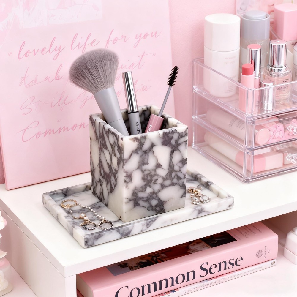 Marble Pen Holder, White Stone Rectangular Desktop Organizer, Office Study Ma...