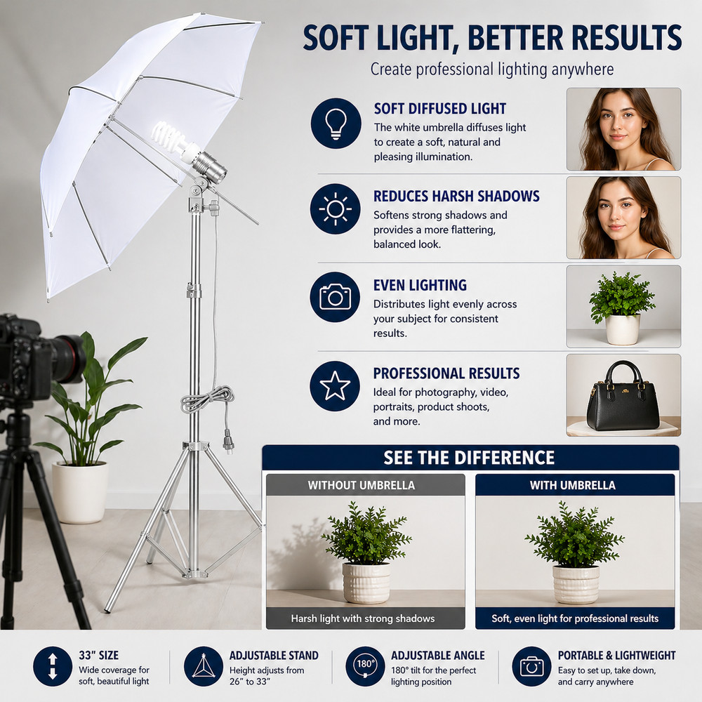 Photography Umbrella 33" Soft Light Diffuser Studio Flash Reflector White
