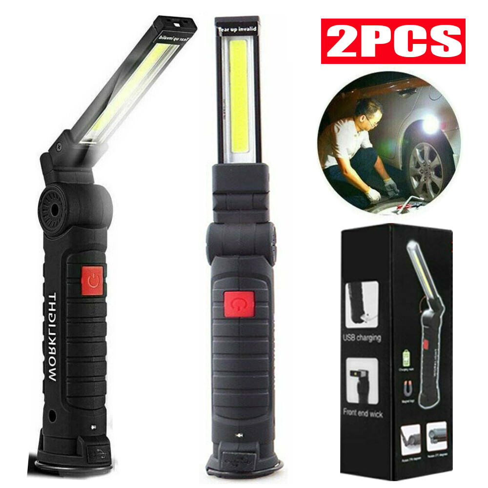 2PC USB Rechargeable COB LED Work Light Lamp Inspection Folding Torch Flashlight