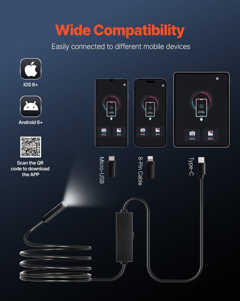 Endoscope Camera Light 1920P HD Borescope for Android & IOS 8 LED Lights I