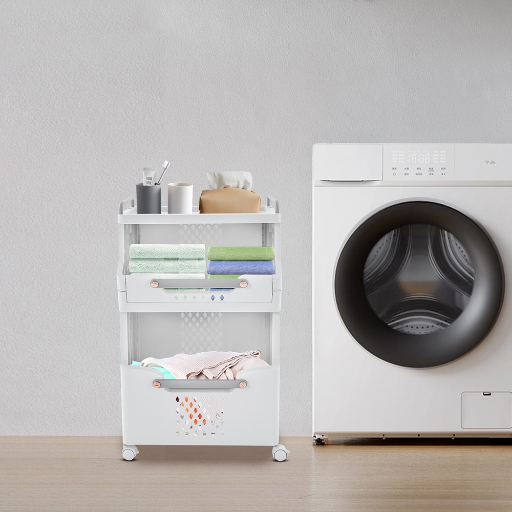 2-tier Movable Laundry Basket Laundry Hamper w/ Wheels Laundry Stackable Basket