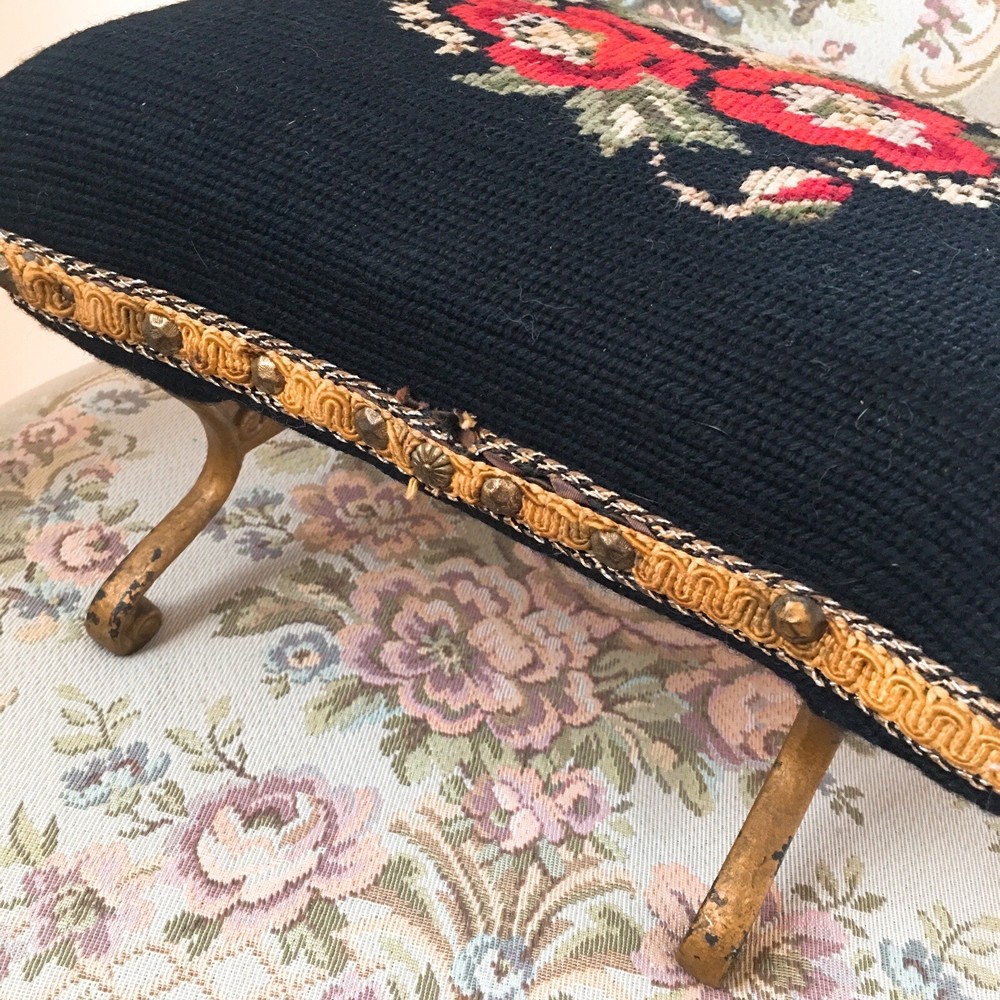 Antique Needlepoint Rectangular Foot Stool w/ Metal Feet