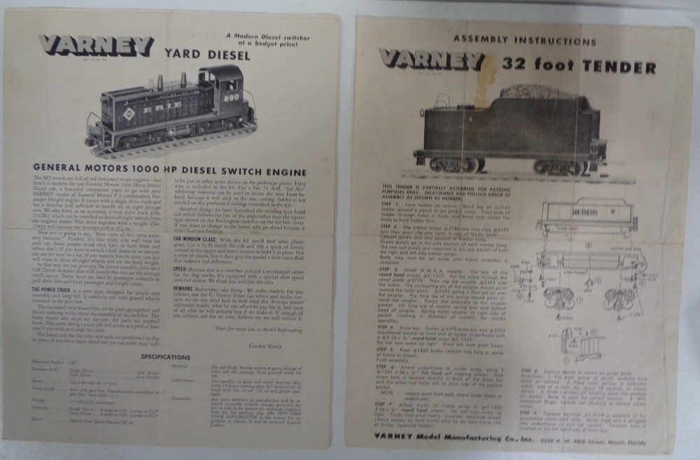 Varney Assembly & Instruction Sheets Featuring HP Diesel Switch & 32 ft Tender