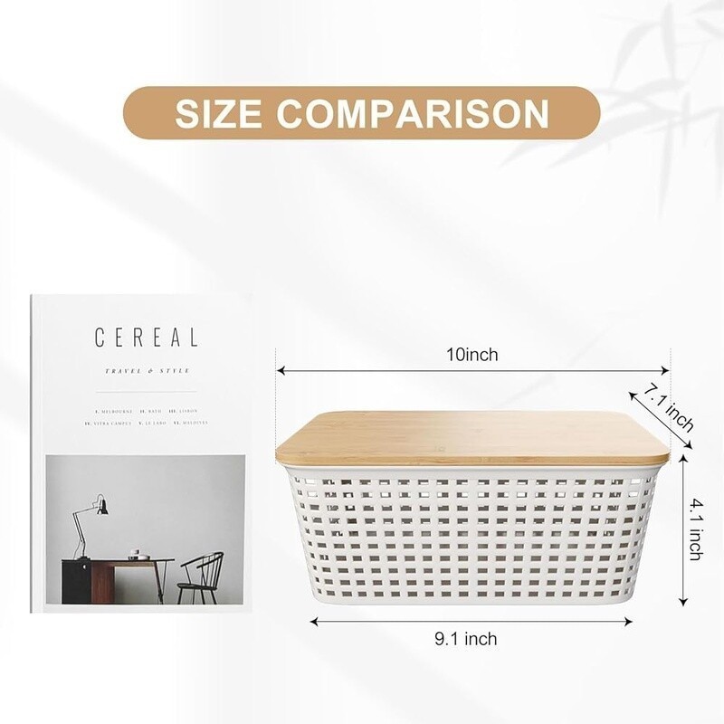 Stackable Plastic Storage Bins W/ Bamboo Lid 5Qt Organizing Baskets 6 Pack New