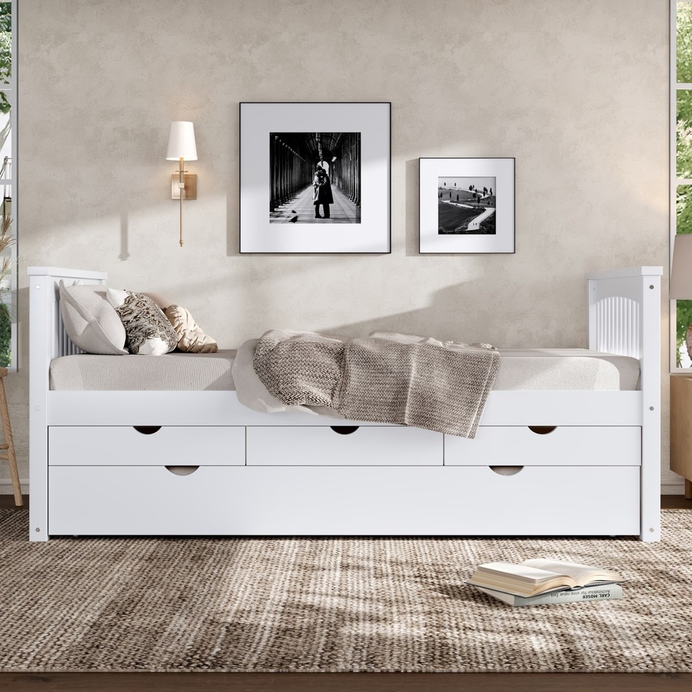 Modern Twin Size Solid Wood Platform Bed Frame Daybed with Trundle and 3 Drawers