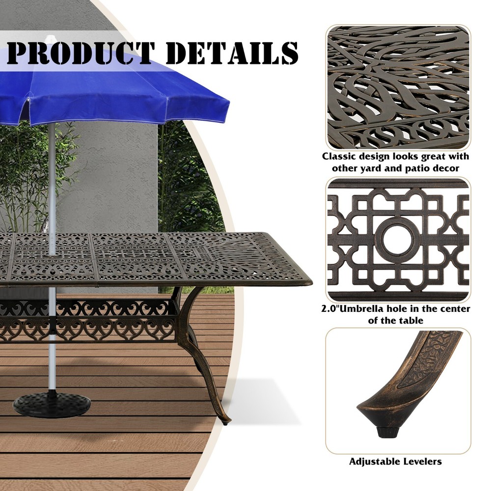 86.6in Rectangular Cast Aluminum Outdoor Dining Table with 2 " Umbrella Hole