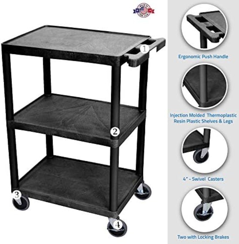 Luxor Multipurpose Storage Utility Cart 3 Shelves Structural Foam Plastic Black
