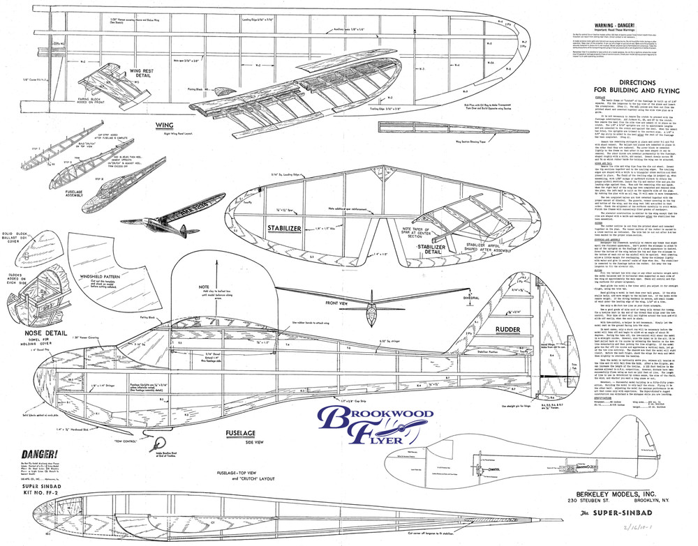 Berkeley SUPER SINBAD PLAN & PARTS PATTERNS For a 62" Rudder RC Model Airplane