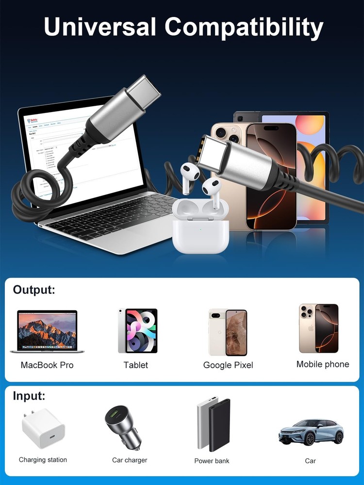 Coiled USB C to C Cable 3FT, 2 Pack Retractable C Black