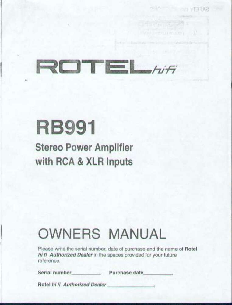Rotel RB-991 Amplifier Owners Manual