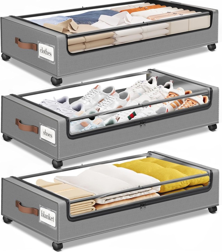 Under Bed Storage W/ Wheels 2Pack Storage Containers W/ Clear Window&Label Under