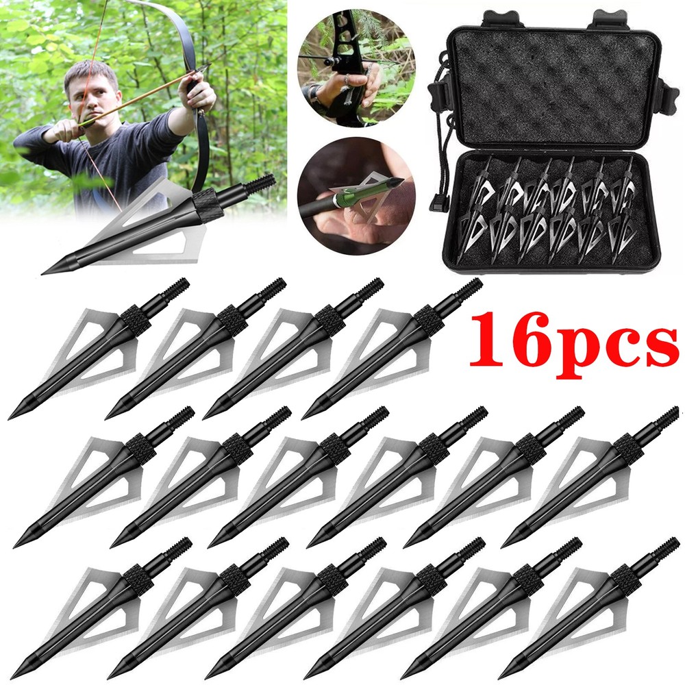 16Pcs 100Grain 3Blade Hunting Archery Broadhead Compound Bow Fixed Arrowhead Tip