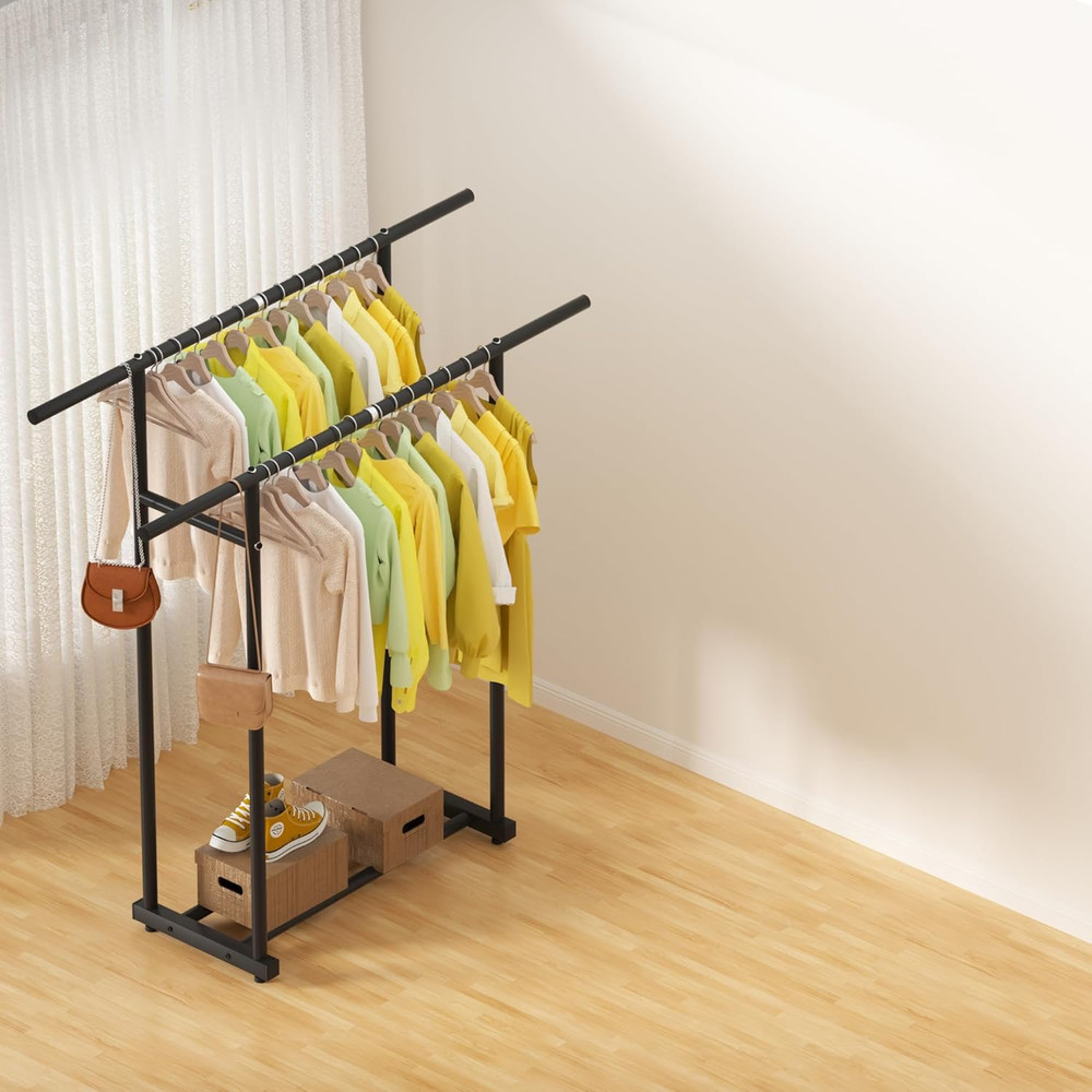 Heavy-Duty Double Rod Rolling Clothes Rack - Versatile Portable Wardrobe