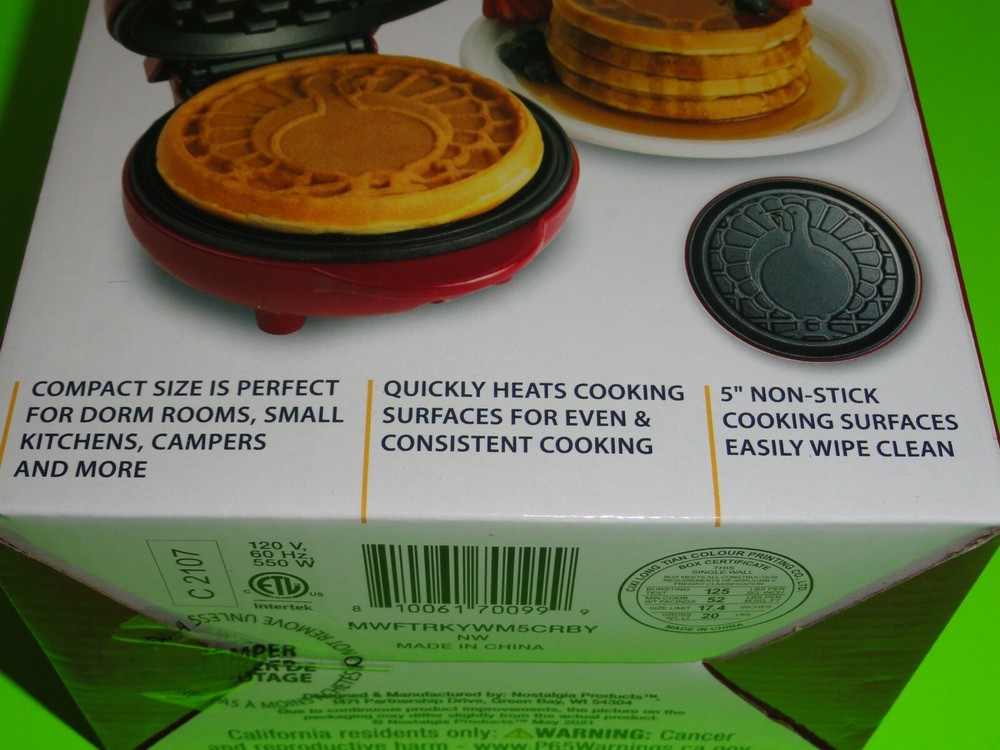 Nostalgia MyMini Turkey Pattern Waffle Maker Size 5” Non-Stick Easy Wipe Fall