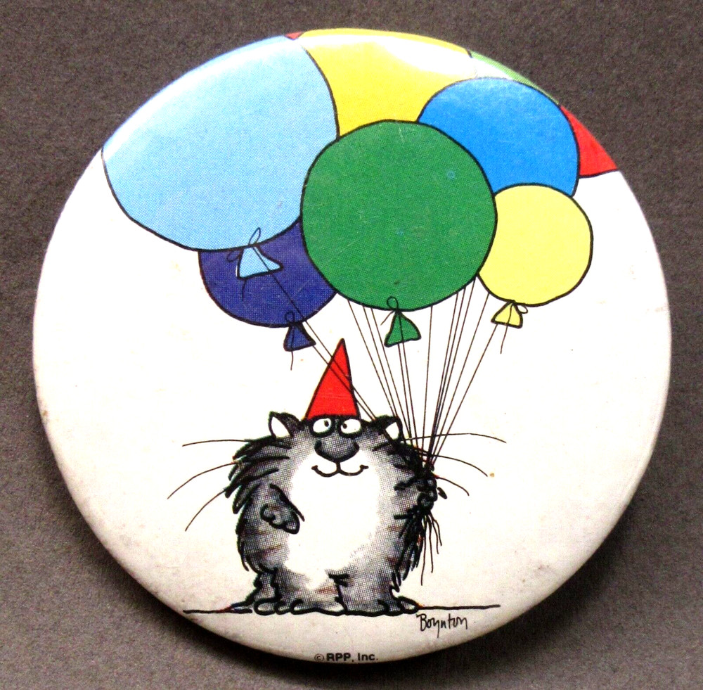 CAT HOLDING BALLOONS 2.25" Sandra Boynton pinback button fb