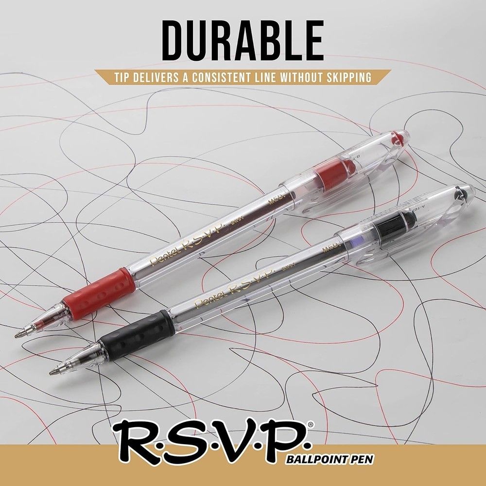 Durable RSVP Ballpoint Pens - Fine 0.7mm Tips with Refillable Red Ink, 5 Pack