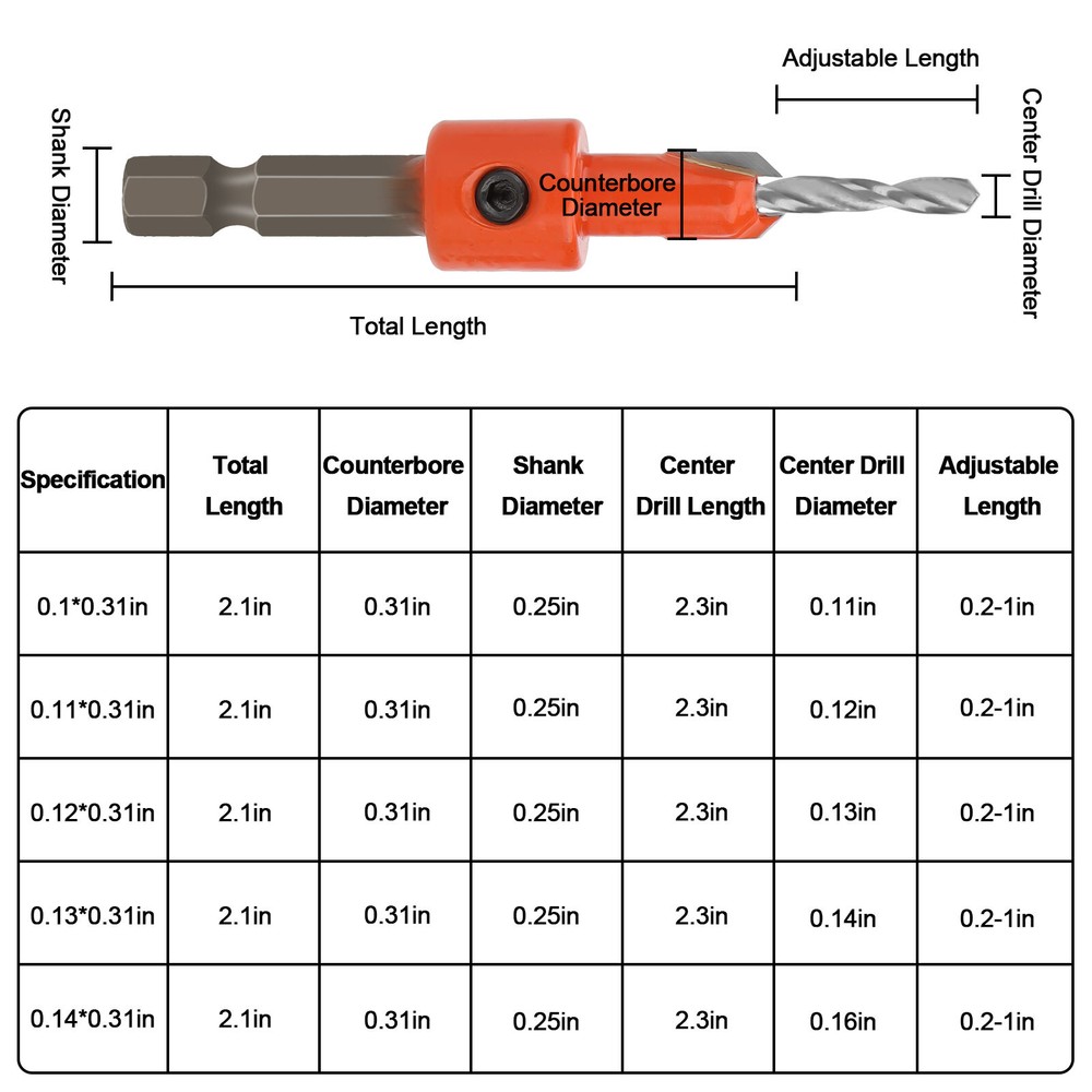 5Pcs Counter Sink Tapered Drill Bits 1/4" Hex Shank Quick Change for Woodworking