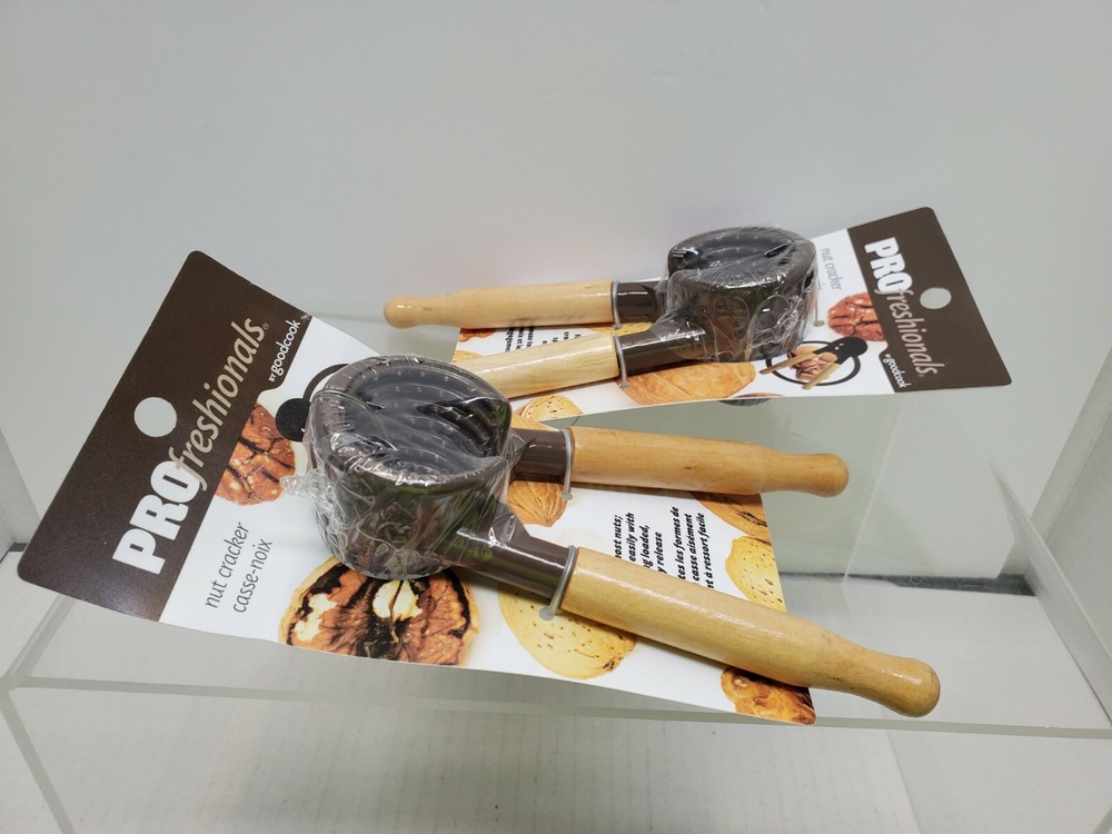 2-NEW ProFreshionals Nut Cracker Spring Loaded Wood Handle Nut Shell Cracker